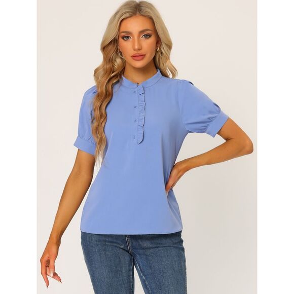Top Puff Sleeve Half Placket Ruffled Shirt Blouses Blue - Picture 2 of 5